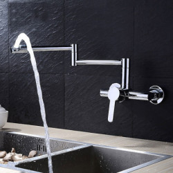 Wall Mounted Kitchen Sink Mixer Tap: Foldable Pot Filler Tap, Single Handle, Two Holes, Electroplated/Painted Finishes, Pull-Out
