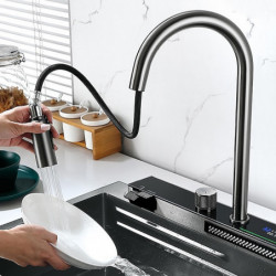 Modern Waterfall Kitchen Tap: Multi-Function Pull-Out/Pull-Down, Ceramic Valve, Contemporary Design for Kitchen Sink