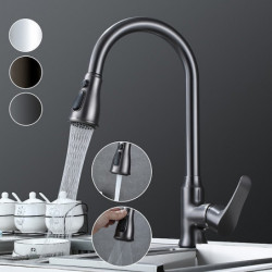 Minimalist Kitchen Tap: Single Handle, One Hole, Brass, High Arc, Pull-Out Spray, 3 Modes, Gun Grey/Black/Chrome