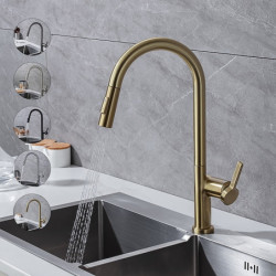 Modern Brass Kitchen Tap: Single Handle, One Hole, High Arc, Pull-Out Spray, 2 Modes, 360° Rotatable