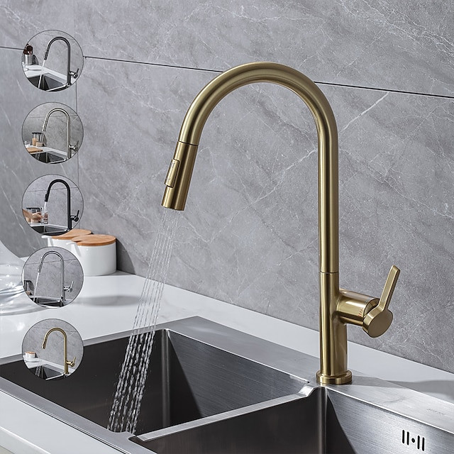 Modern Brass Kitchen Tap: Single Handle, One Hole, High Arc, Pull-Out Spray, 2 Modes, 360° Rotatable