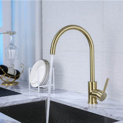 Brushed Gold Kitchen Sink Mixer Tap: Deck Mounted, 360° Swivel, Single Handle, Vessel Design, Hot/Cold Water Hose