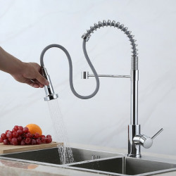 Stainless Steel Kitchen Tap: Single Handle, Pull-Down Sprayer, Spring Design, Brushed Nickel, 304 Stainless Steel