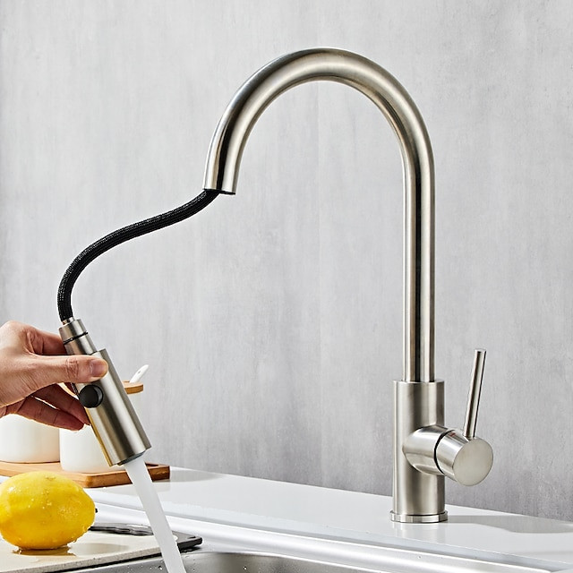 High Arc Spring Kitchen Tap: Stainless Steel, Pull-Out Sprayer, Grey, 360° Swivel, Single Handle, Deck Mounted, One Hole