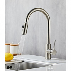 High Arc Spring Kitchen Tap: Stainless Steel, Pull-Out Sprayer, Grey, 360° Swivel, Single Handle, Deck Mounted, One Hole