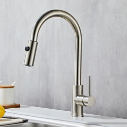 High Arc Spring Kitchen Tap: Stainless Steel, Pull-Out Sprayer, Grey, 360° Swivel, Single Handle, Deck Mounted, One Hole