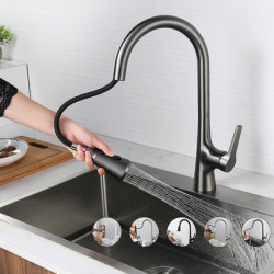 Modern Kitchen Tap with Sprayer: Pull-Out, 3-Function Button Design, Single Handle, One Hole, Tall High Arc