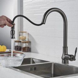 Grey Kitchen Sink Mixer Tap with Pull-Out Sprayer: 360° Swivel, Single Handle, Spring Design, Deck Mounted, Brass, One Hole, Wat