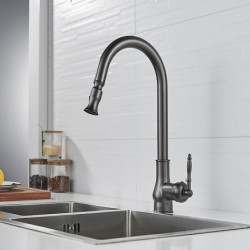 Grey Kitchen Sink Mixer Tap with Pull-Out Sprayer: 360° Swivel, Single Handle, Spring Design, Deck Mounted, Brass, One Hole, Wat