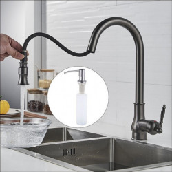 Grey Kitchen Sink Mixer Tap with Pull-Out Sprayer: 360° Swivel, Single Handle, Spring Design, Deck Mounted, Brass, One Hole, Wat