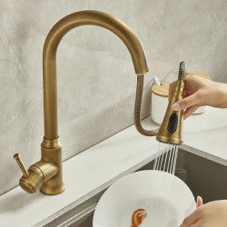 Traditional Pull-Out Sink Mixer Tap: Vintage Brass, 360° Swivel, Single Handle, Cold and Hot Hose