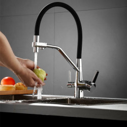 Kitchen Tap with Dual Spout Pull-Down Spray Head: Purified Water, Deck Mounted, 360° Rotating, Twin Handle, High Arc, Flexible T