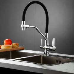 Kitchen Tap with Dual Spout Pull-Down Spray Head: Purified Water, Deck Mounted, 360° Rotating, Twin Handle, High Arc, Flexible T