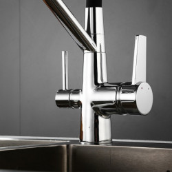 Kitchen Tap with Dual Spout Pull-Down Spray Head: Purified Water, Deck Mounted, 360° Rotating, Twin Handle, High Arc, Flexible T