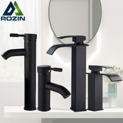 Rozin Matte Black Basin Tap Deck Mounted Single Lever Bathroom Crane Waterfall Brass Bathroom Tap Hot Cold Water Mixer Taps