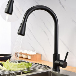 Black Kitchen Sink Mixer Tap with Pull-Out Sprayer: 360° Swivel, Single Handle, Deck Mounted, One Hole, Brass, Water Vessel Tap