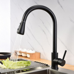 Black Kitchen Sink Mixer Tap with Pull-Out Sprayer: 360° Swivel, Single Handle, Deck Mounted, One Hole, Brass, Water Vessel Tap