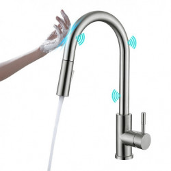 Touchless Sensor Kitchen Sink Tap: Stainless Steel, Pull-Out Sprayer, Touch-On, Single Handle, Pull-Down, 2 Modes, Fingerprint R