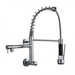Wall Mounted Kitchen Tap with Pull-Out Sprayer: Cold Water Only, 360° Swivel Spout, Brass, Chrome
