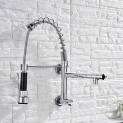 Wall Mounted Kitchen Tap with Pull-Out Sprayer: Cold Water Only, 360° Swivel Spout, Brass, Chrome