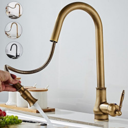 Antique Kitchen Tap Sink Mixer with Sprayer: Pull-Out, 360° Swivel, Single Handle, One Hole, Pull-Down, Deck Mounted, Hot and Co