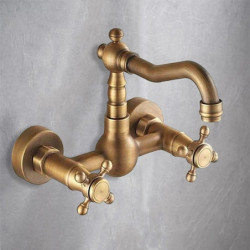 Antique Brass Kitchen Tap: Wall Mounted, Standard Spout, Two Handles, Two Holes, Traditional Widespread, Hot and Cold Switch, Ce