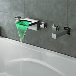 Wall Mounted LED Bathtub Tap: 3-Color Temperature, Waterfall Spout, Brass Valve, Bath Shower Mixer, 3 Handles, 5 Holes, Chrome F