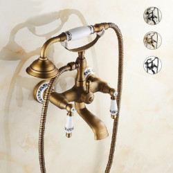 Country Style Bathroom Sink Tap: Brass, Telephone Shape, Wall Installation, Widespread, Pull-Out, Electroplated Copper Finish, T