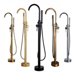 Freestanding Bathtub Filler: Floor Mount, Brass, 360° Swivel High Arc Spout, Standing Shower, Clawfoot Tub, Handheld Shower Mixe