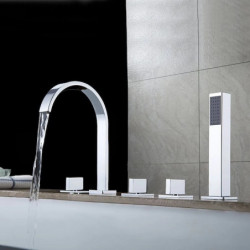 Multi-Hole Bathtub Tap: Deck Mounted, Handheld Shower, Brass, 5 Holes, 3 Handles, Chrome Finish