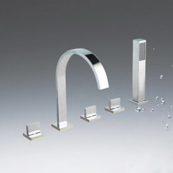 Multi-Hole Bathtub Tap: Deck Mounted, Handheld Shower, Brass, 5 Holes, 3 Handles, Chrome Finish