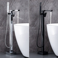Freestanding Bathtub Tap: 360° Swivel Spout, Floor Mount, Single Handle, Brass, Hand Shower Sprayer