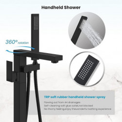 Freestanding Bathtub Tap: 360° Swivel Spout, Floor Mount, Single Handle, Brass, Hand Shower Sprayer