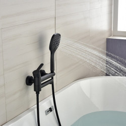 Wall Mounted Bathtub Tap: Black Finish, 3 Spouts, Roman Tub Filler, Brass, 2 Sprayers, Bidet Sprayer