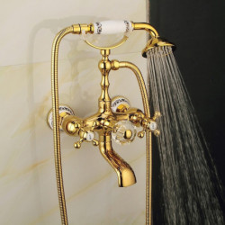 Luxury Bathtub Tap: Telephone Style, Golden Polish, Sprayer Hand Shower, Rotating Spout, Hot and Cold Water