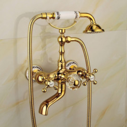 Luxury Bathtub Tap: Telephone Style, Golden Polish, Sprayer Hand Shower, Rotating Spout, Hot and Cold Water