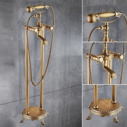 Retro Style Bathtub Tap: Floor Mounted, Brass, Telephone Shape, Electroplated Finish, Two Handles, Two Holes, Handshower, and Dr
