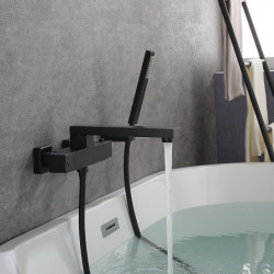 Wall Mounted Bathtub Tap: Black Finish, Roman Tub Filler, Brass, 2 Holes, Sprayer, Cold and Hot Water Hose