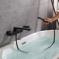 Wall Mounted Bathtub Tap: Black Finish, Roman Tub Filler, Brass, 2 Holes, Sprayer, Cold and Hot Water Hose