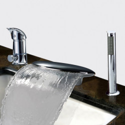 Deck Mounted Waterfall Bathtub Tap: Widespread, Brass Roman Tub Filler, 3 Holes, Sprayer, Cold and Hot Water Hose