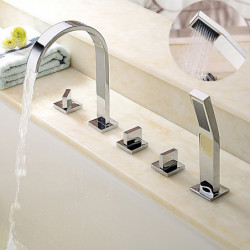 Deck Mounted Bathtub Tap: Brass Bath Roman Tub Filler Mixer Tap with Handheld Shower, 5 Hole 3 Handle Sprayer, Cold Hot Water Ho