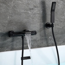 Thermostatic Free Standing Bathtub Tap: Black Painted Finish, Rotatable Shower Seat, Waterfall and Spray Mode Bath Shower Mixer 