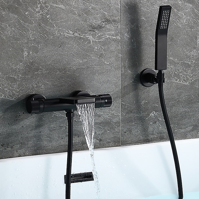 Thermostatic Free Standing Bathtub Tap: Black Painted Finish, Rotatable Shower Seat, Waterfall and Spray Mode Bath Shower Mixer 