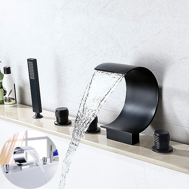 Modern Style Bathtub Tap: Brass Contemporary Oil-rubbed Bronze Roman Tub Ceramic Valve Waterfall Bath Shower Mixer Taps with Hot