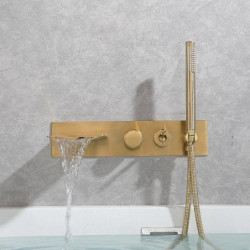 Brass Brushed Gold/Black Bathtub Tap: Wall Installation Waterfall Included Handshower of Spray Type Bath Shower Mixer Taps with 