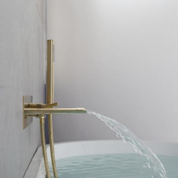 Brass Brushed Gold/Black Bathtub Tap: Wall Installation Waterfall Included Handshower of Spray Type Bath Shower Mixer Taps with 