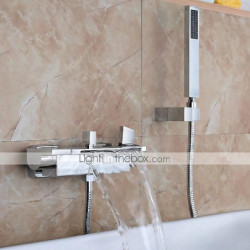 Wall Mounted Waterfall Bathtub Tap: Brass Widespread Bathroom Shower Mixer Tap Bath Roman Tub Filler Mixer Tap, 3 Hole Sprayer w