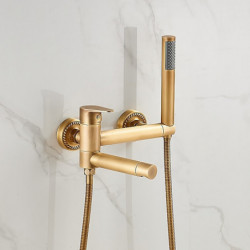 Vintage Dual Spout Wall Mounted Bathtub Tap: Golden Brass Bath Tub Filler Mixer Tap with Handheld Shower, Ceramic Valve Single H