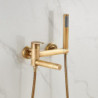 Vintage Dual Spout Wall Mounted Bathtub Tap: Golden Brass Bath Tub Filler Mixer Tap with Handheld Shower, Ceramic Valve Single H