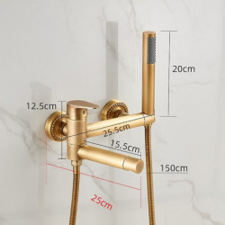 Vintage Dual Spout Wall Mounted Bathtub Tap: Golden Brass Bath Tub Filler Mixer Tap with Handheld Shower, Ceramic Valve Single H